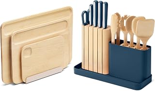 Caraway Kitchen Prep and Cutting Board Set | Knife Set and Wooden Utensil Set and 3 Wood Cutting Boards, Non-Toxic Materials, Includes Organizers, Navy