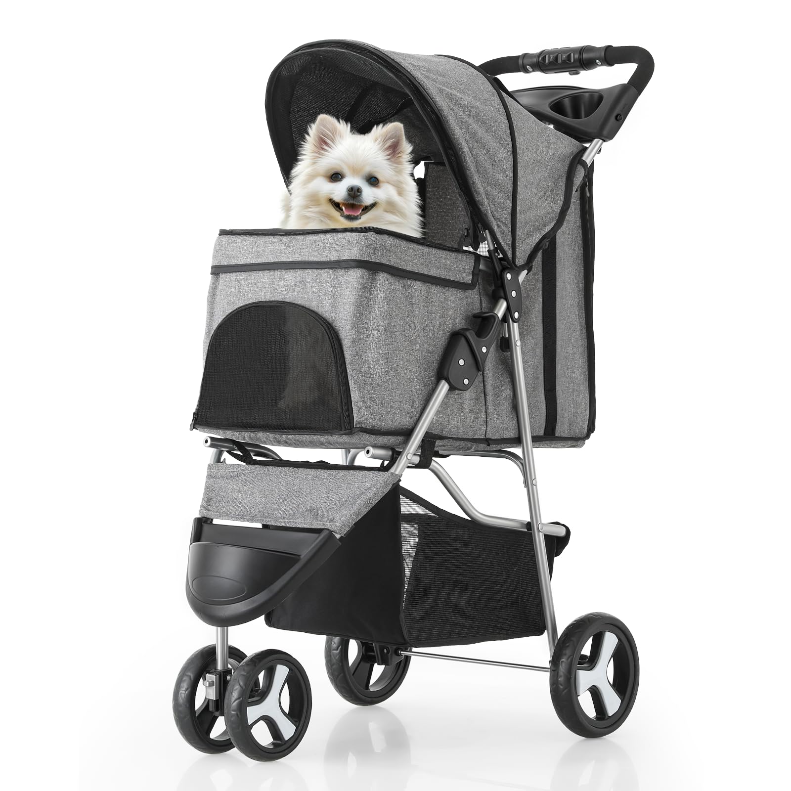 MoNiBloom 3 Wheels Pet Dog Cat Stroller for Small Medium Dogs and Cats, Lightweight Foldable Jogger Stroller w/Storage Basket and Cup Holder, Gray