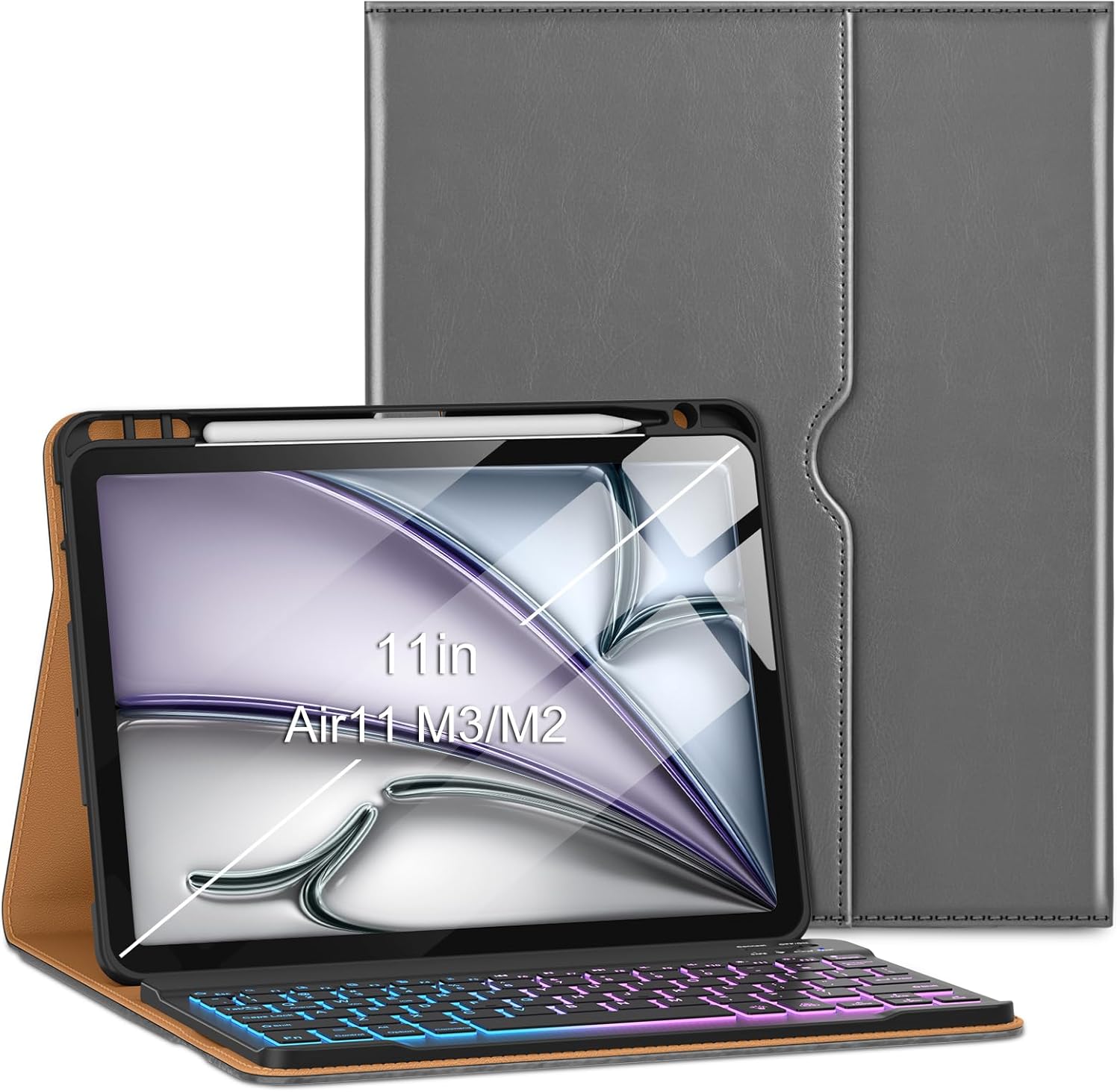VIKESI Keyboard Leather Case for iPad Air 11-inch with M4/M3/M2 2026/2025/2024 and for Air 5th/4th Gen 10.9 Inch 2022/2020,Built-in Breathing Light, Function Row,Pencil Holder,Card Slots,Grey