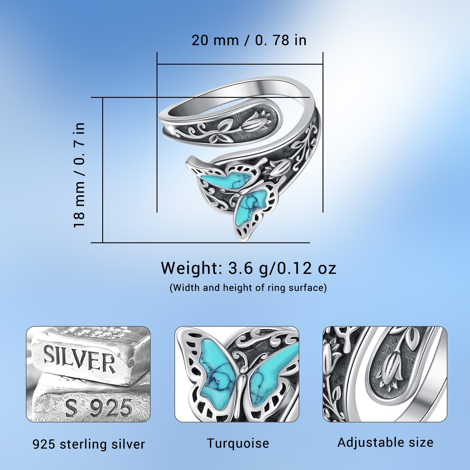 Eusense Plata Esterlina Anillos Turquesa Para las Mujeres Vintage Ajustable Girasol/Pluma/Libélula/Mariposa Cuchara Anillos Boho Antiguo Declaración Anillo Joyería Regalos