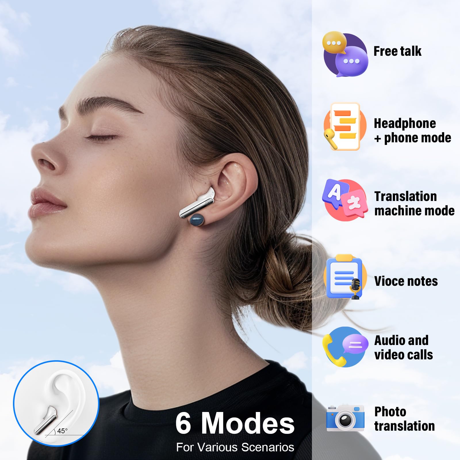 AI Cuffie Traduzione, Buletooth 5.3 Auricolari di Traduzione in 164 lingue, 48 Ore Cuffie Bluetooth con 7 modalità di traduzione/Codice di autorizzazione permanente, per Viaggi/Studio/Affari, Bianco
