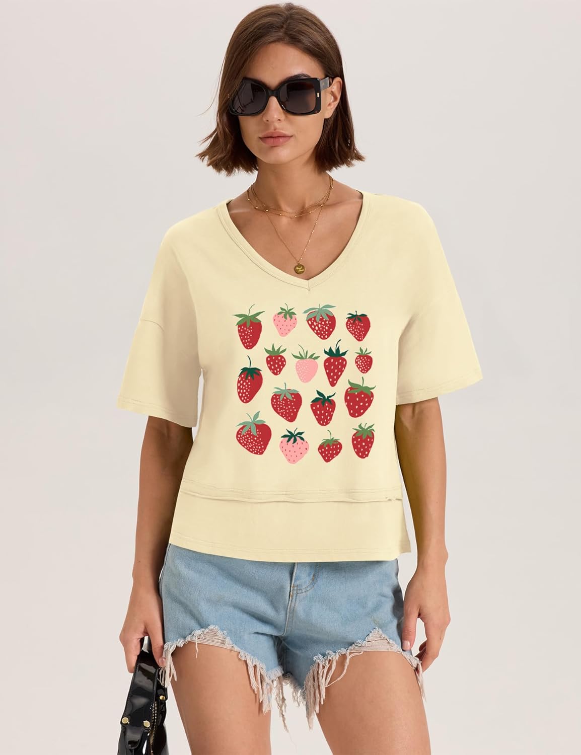 LOMON Womens V Neck Cotton T Shirts Summer Casual Cute Short Sleeve Flowy Fashion Tops Loose Fit Basic Tees - Image 4