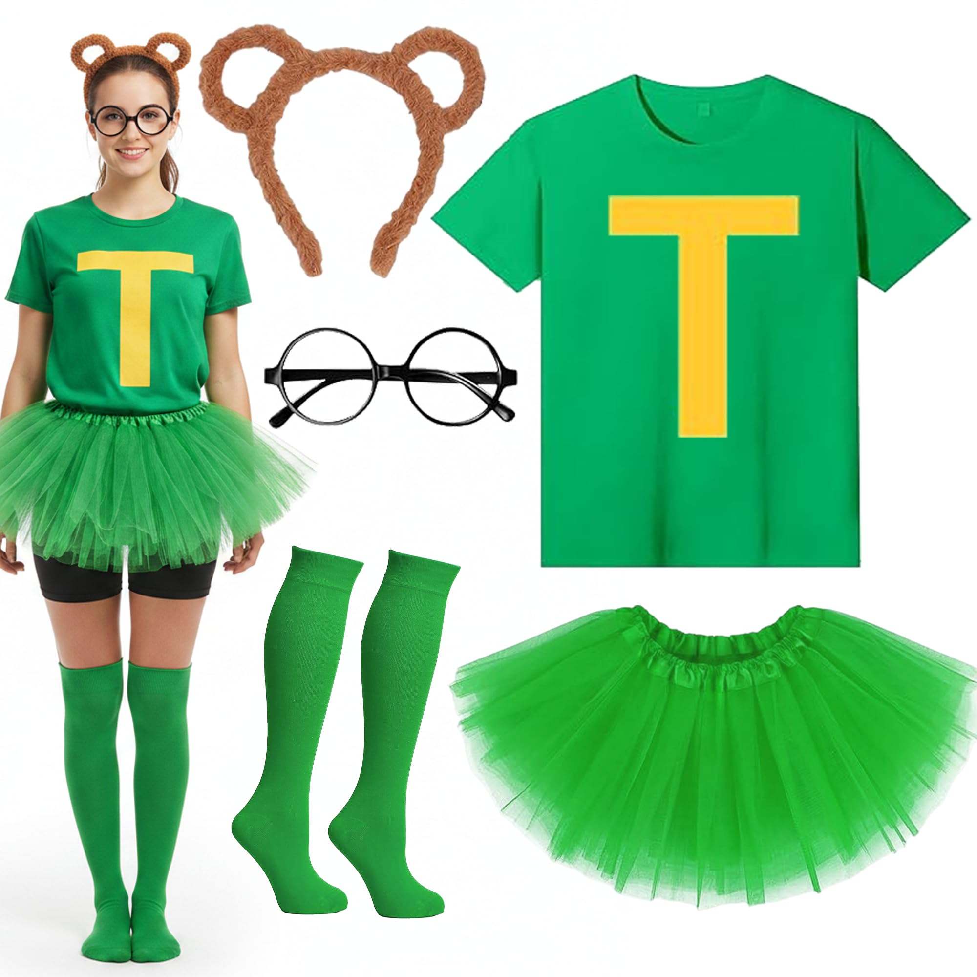 Fictoria 5Pcs Chipmunks Costume Fancy Dress - Green T Shirt Tutu Skirt Knee High Socks Round Glasses and Ear Headband, Animal Cosplay Accessories for Adults Teens Halloween World Book Day (XXL)