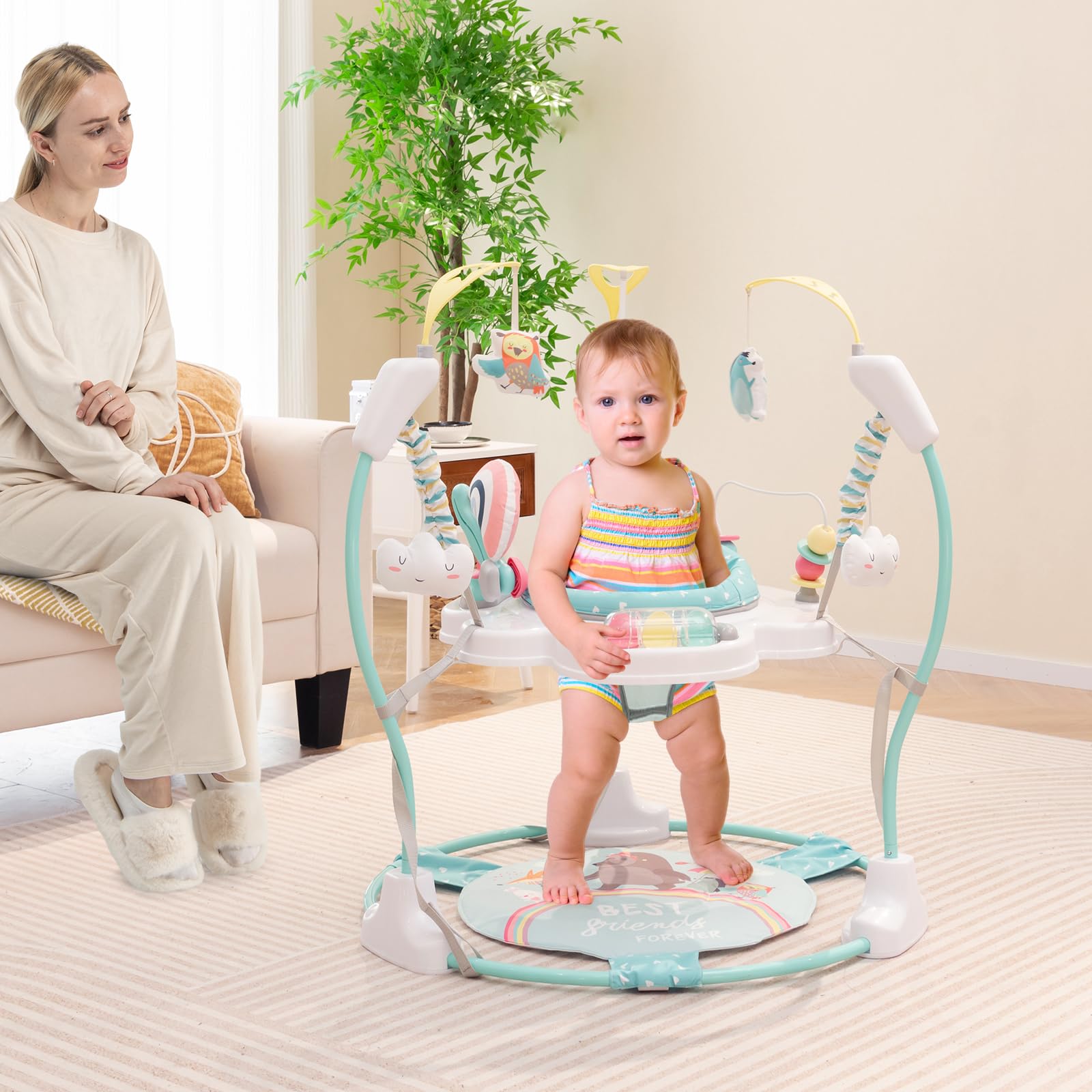 DREAMADE Stationäres Aktivitätscenter, Tierwelt-Jumperoo mit abnehmbarem Fußpolster, Spielcenter mit 360°-Drehsitz, 3 verstellbaren Höhen, Musiktablett & Hängespielzeugen für Babys ab 6 Monaten