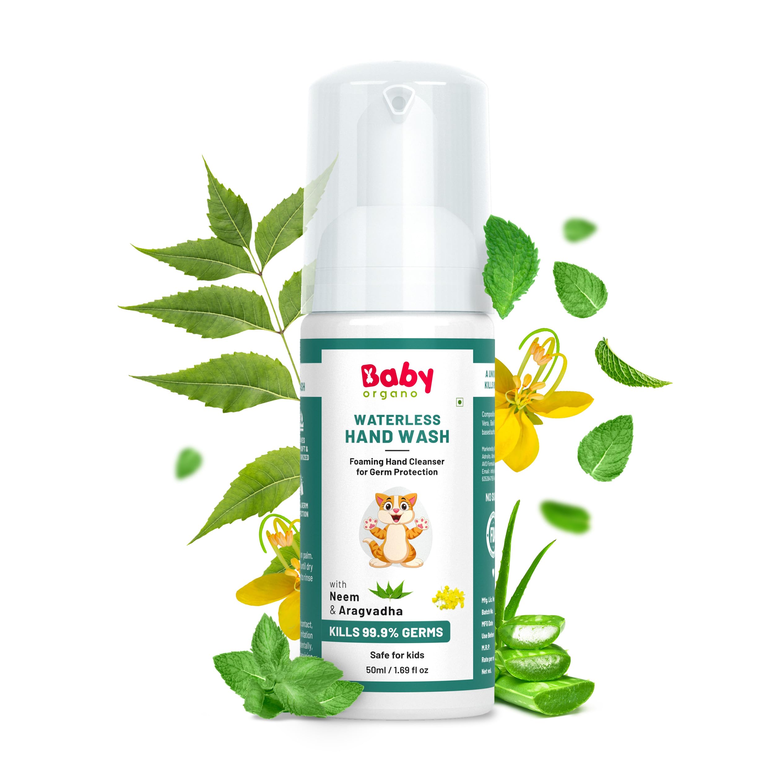 Babyorgano Non Alcoholic Foam Based Waterless Handwash for Kids, 100% Natural and Germ Protection Goodness of Aragvadha, Aloe Vera and Neem - 50ml