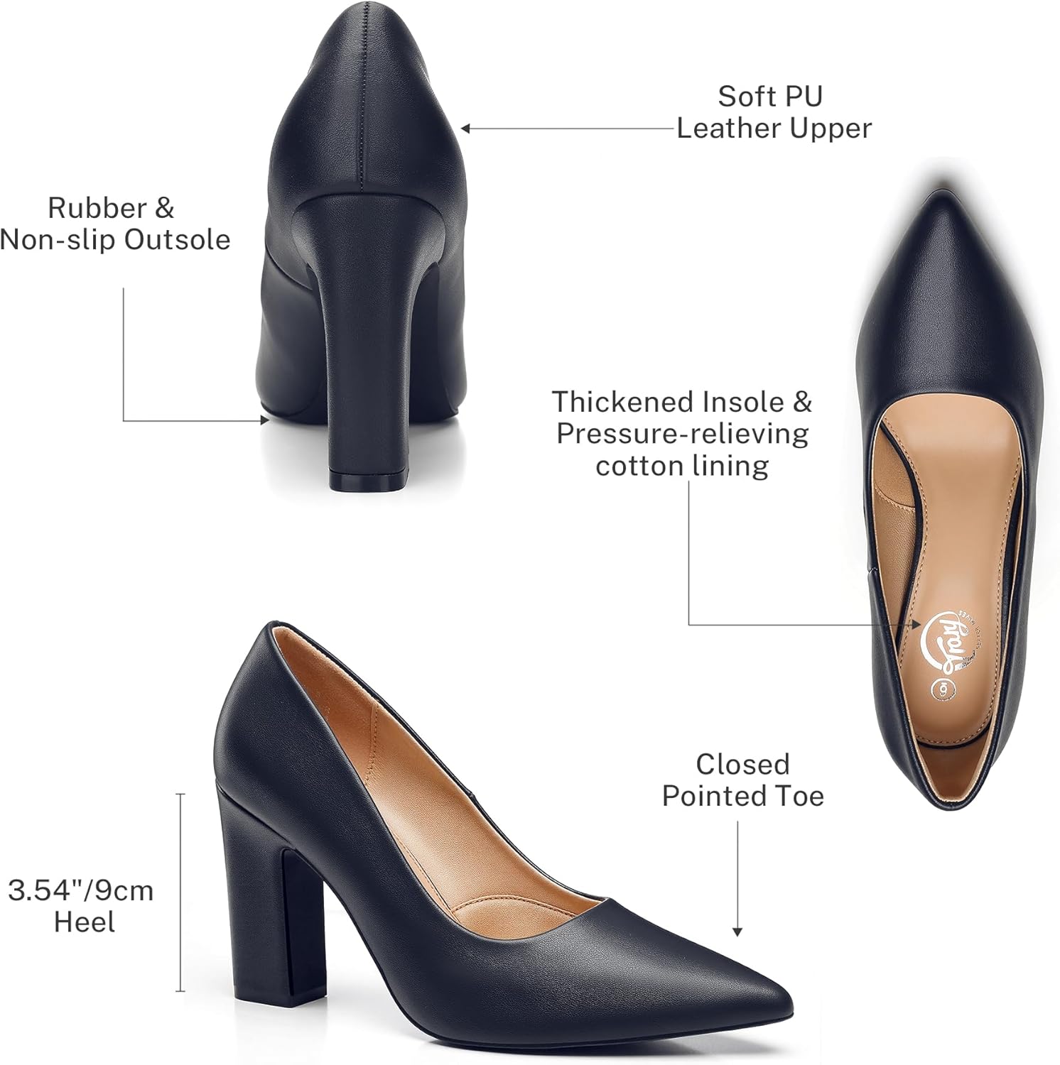 Trary Heels for Women Closed Pointed Toe Chunky Pumps Shoes Women Block High Heels Comfortable Slip-On Dress Office Party Wedding Shoes 3.54" Heel - Image 5