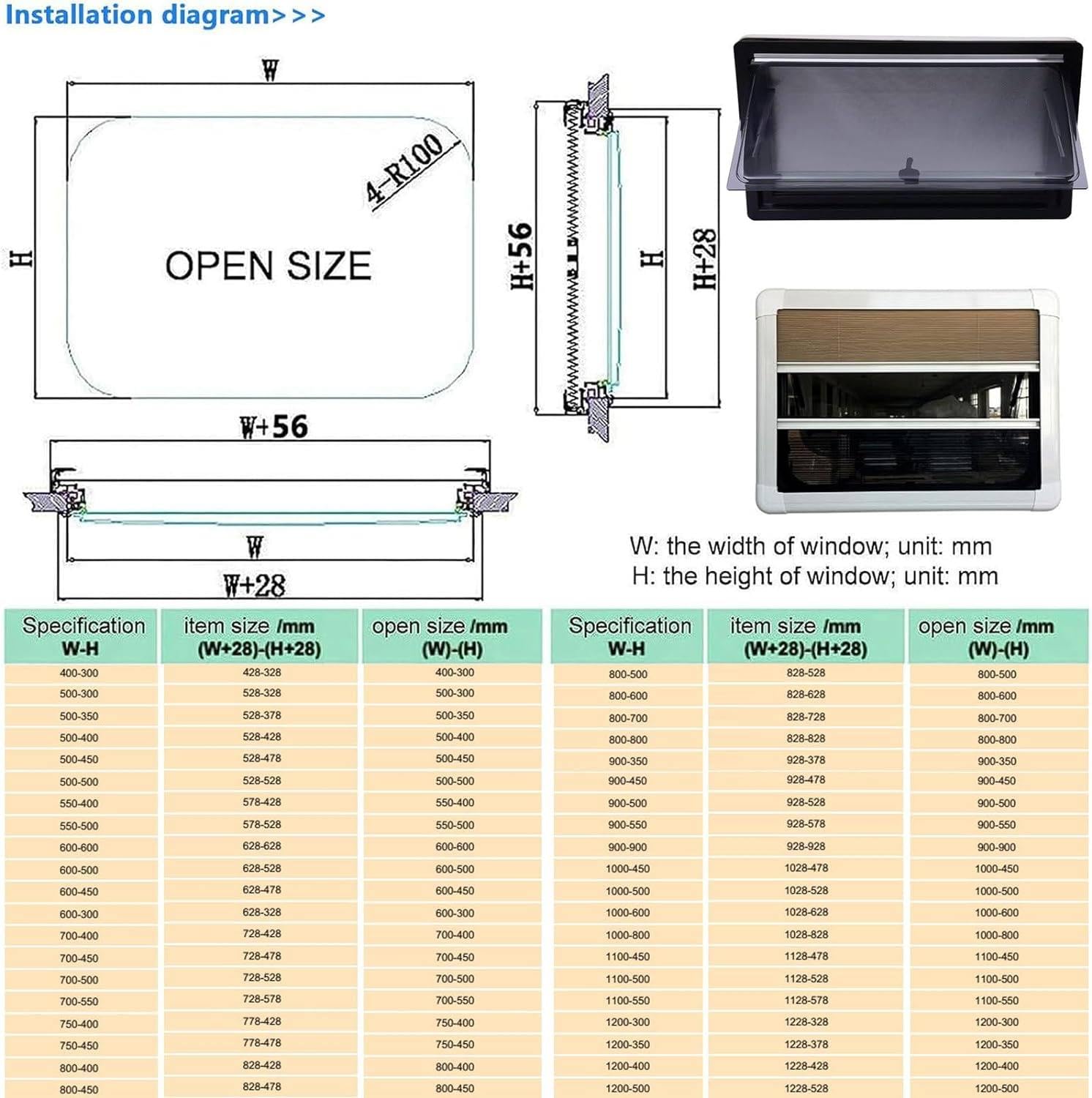 RV Ausstellfenster Set Compact Inkl. Verdunklungsrollo Insektenschutz Dichtmitttel Seitenfenster Wohnwagen Camper Fenster Acrylglas Von 300x500 Bis 550x1300 Insektenschutz,130 * 55cm