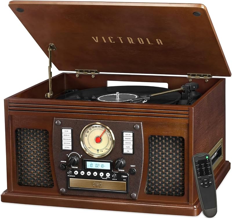 Navigator - Tocadiscos Bluetooth 8 en 1 - Espresso | Gabinete de madera auténtica que reproduce vinilo, CD, casete, radio FM, USB y auxiliar, parlantes incorporados y control remoto incluido.