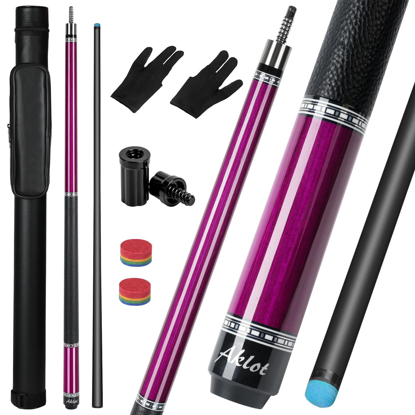 Aklot Carbon Fiber Pool Cue Stick, 58”, 19oz, Low Deflection Pro Billiard Stick, 12.5mm Tip, Maple Butt & Buffalo Leather Grip Weight Adjustment, Pool Cue Kit with Case,Gloves,Tips (Rose Phantom)