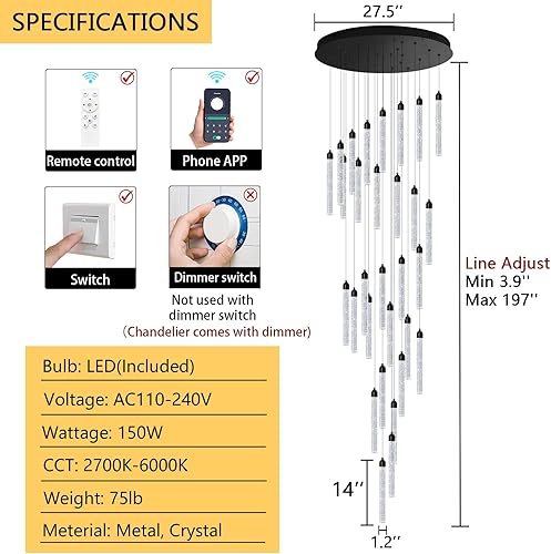 Miniatura 2 de Lámpara de techo alto de 197 pulgadas de largo, 30 luces, moderna lámpara LED de cristal de burbuja, regulable, montaje empotrado, para sala de