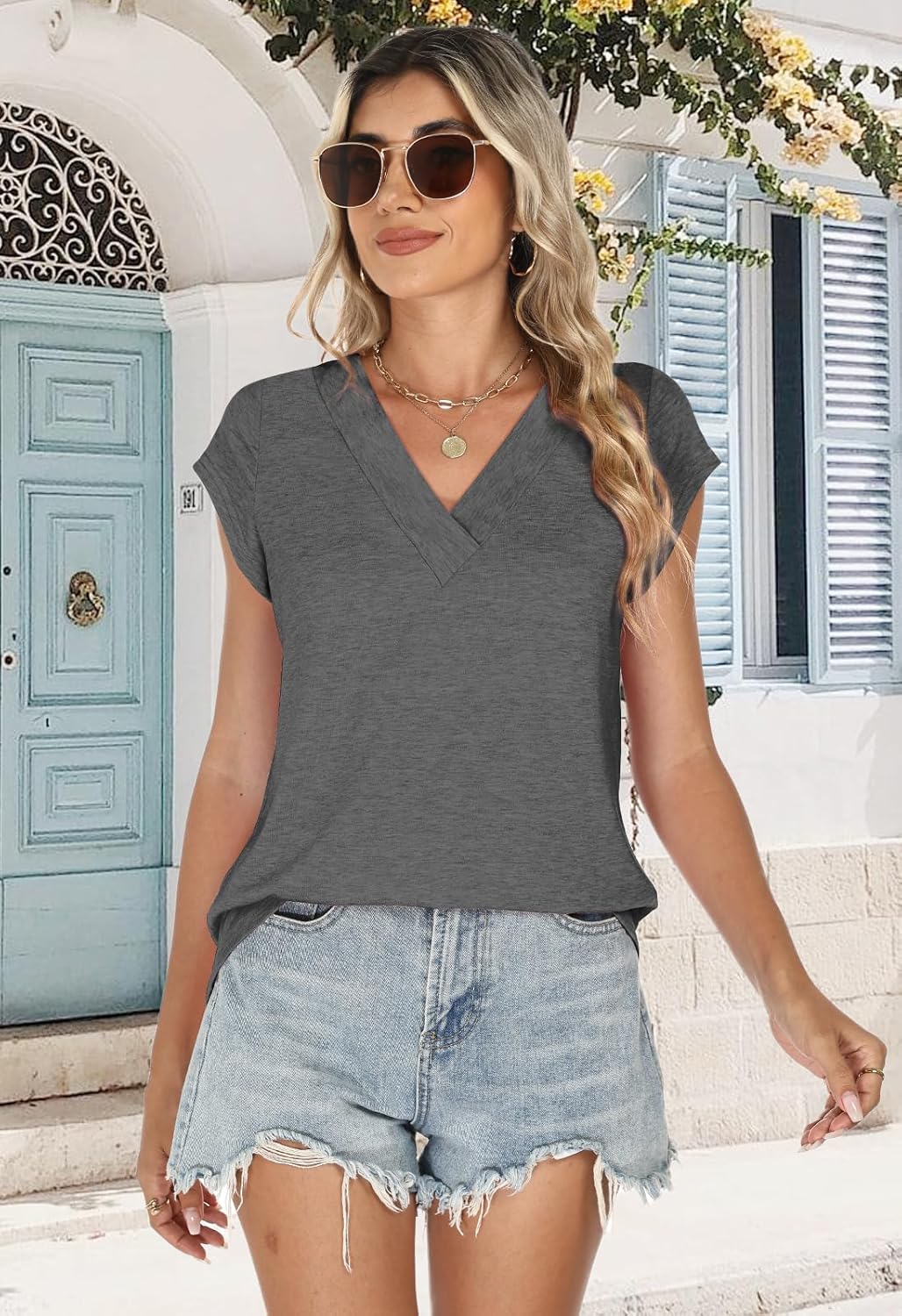 Womens Summer Tops Casual Spring V Neck T Shirts Cap Sleeve Basic Trendy Blouses Beach Vacation Clothes Fashion Outfits 2026 - Image 4