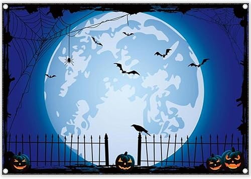 Swepuck Fondo de fotos azul de Halloween de 7 x 5 pies para fiestas, parche de calabaza grande, imagen de luna, fondo de fotografía de bruja para
