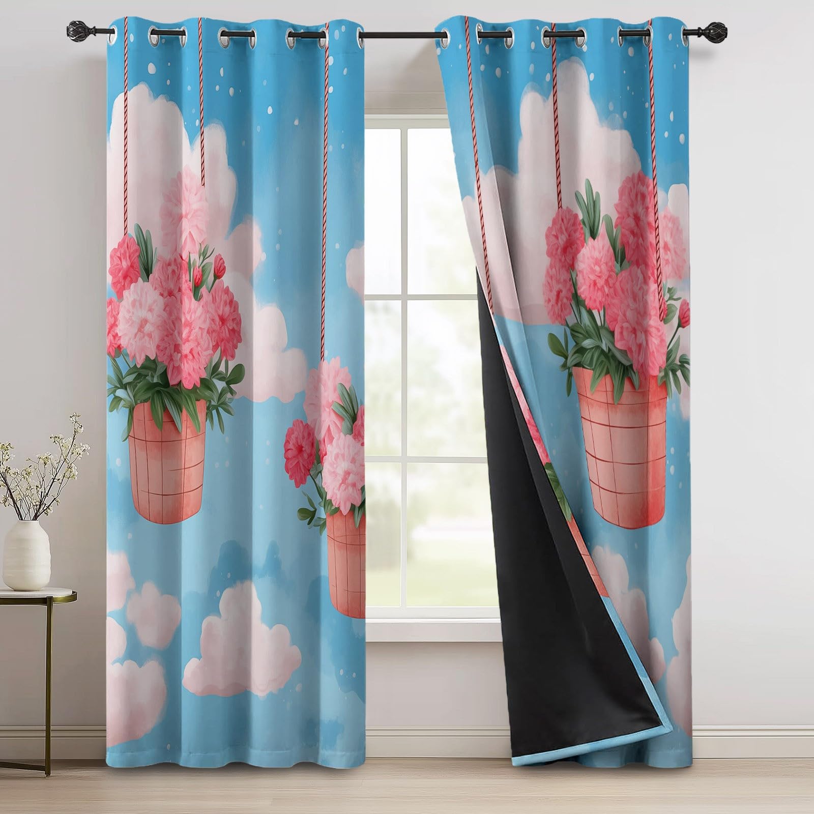 Rideau Occultant Imprimés Rêve Nuages Fleurs, 140L X 200H cm (2 Panneaux) Thermique Anti Froid Rideaux Opaque Isolation Phonique à Oeillets pour Salon Balcon, Rose Bleu