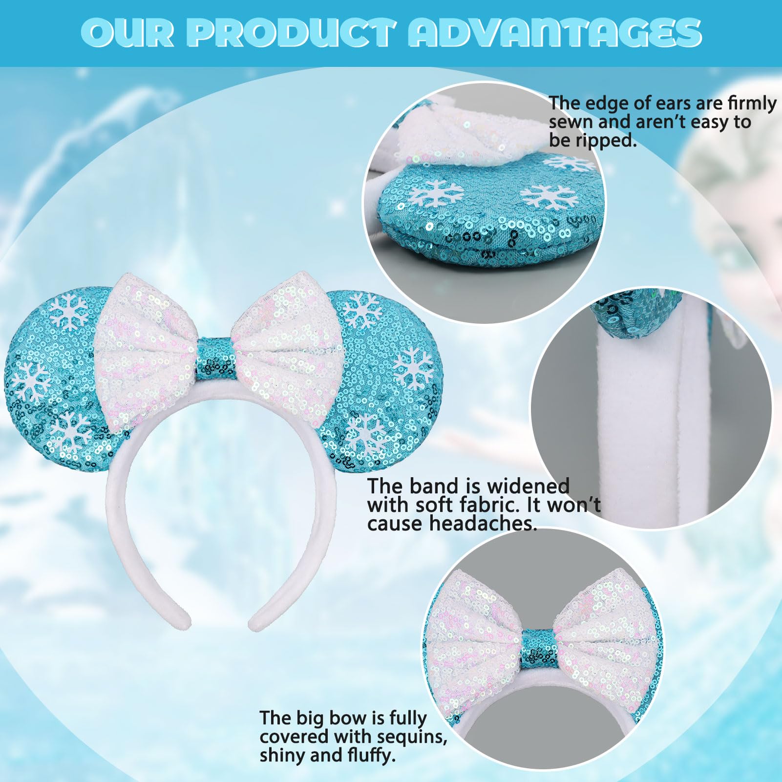 Kids Girls Icy Blue Sequin Bow Mickey Mouse Hair Headband for Cosplay Disney main image 2