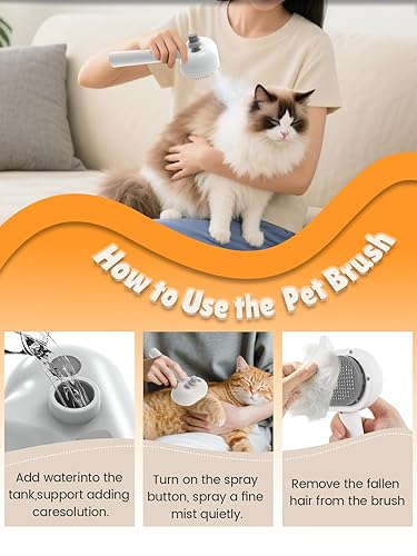 Anti-static Cat Steam Brush,3-in-1 Dog Brush & Gentle Grooming Fur Removal Tool for All Pets,Furmist Comb,Dog Brush,Cat Brushes,Pet Steam Brush,Self-Cleaning with Release Button for Long Short Hair(White)