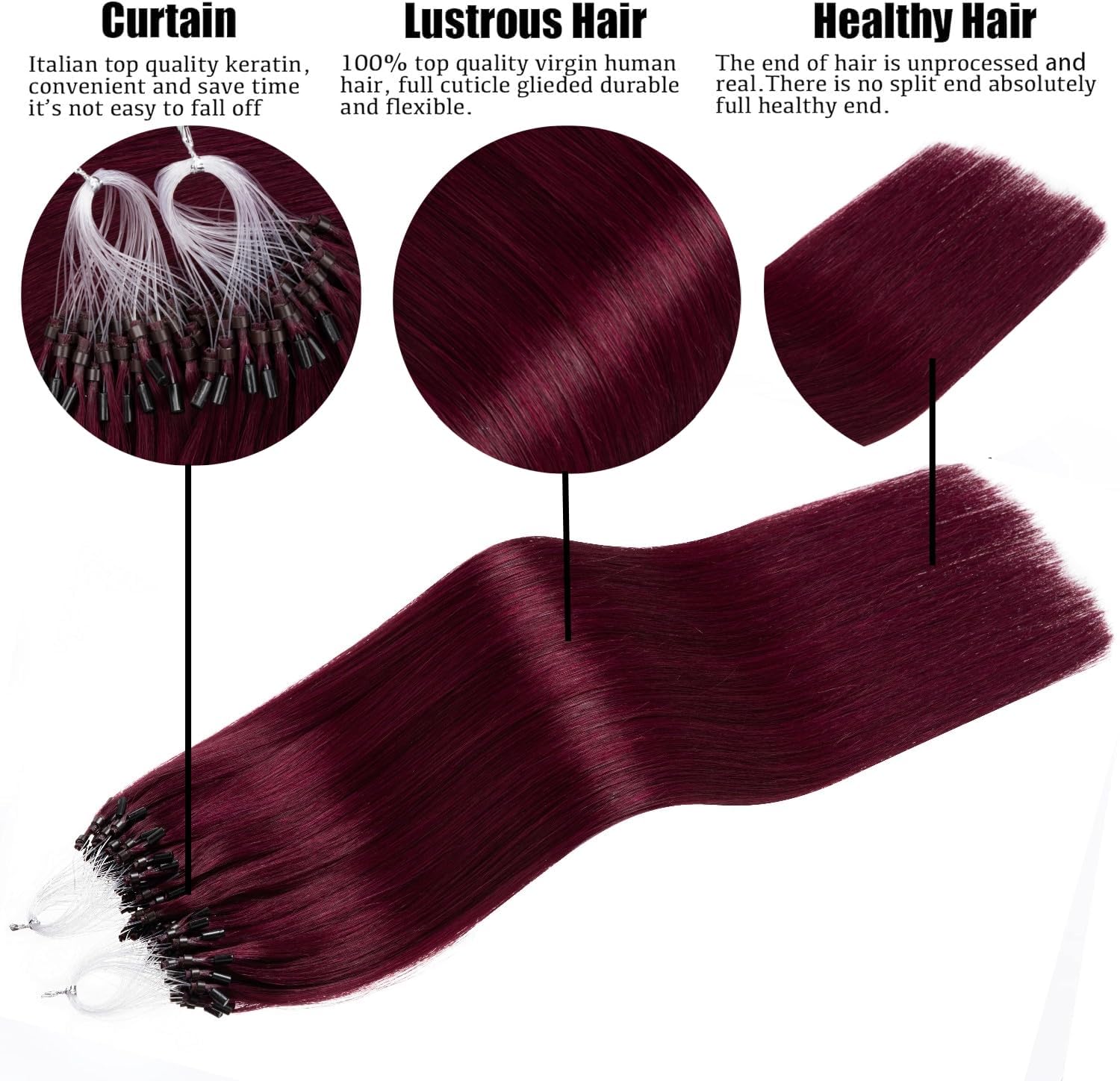 Kun Na Human Hair Extensions Wine Red Micro Beads Real Human Hair Burgundy Micro Loop Hair Extensions 20 Inch 50g #99J - Image 3
