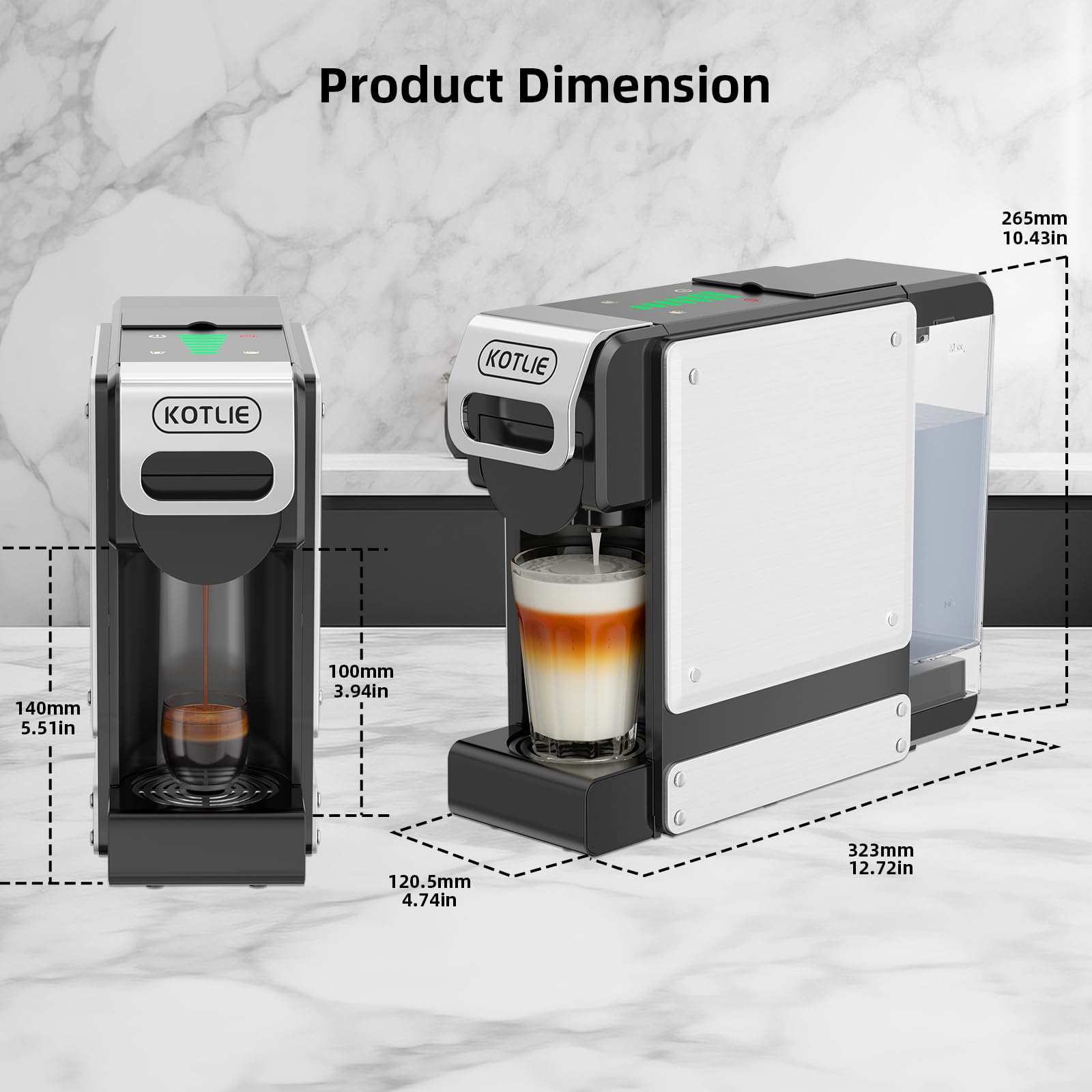 KOTLIE 550 Multi-Kapselkaffeemaschine für Kapseln und gemahlenen Kaffee | 4-in-1 für NES Original/DG*/Mio* Kapseln und Pulver,7 Wassermengen, 1L Wassertank, Kompakt.