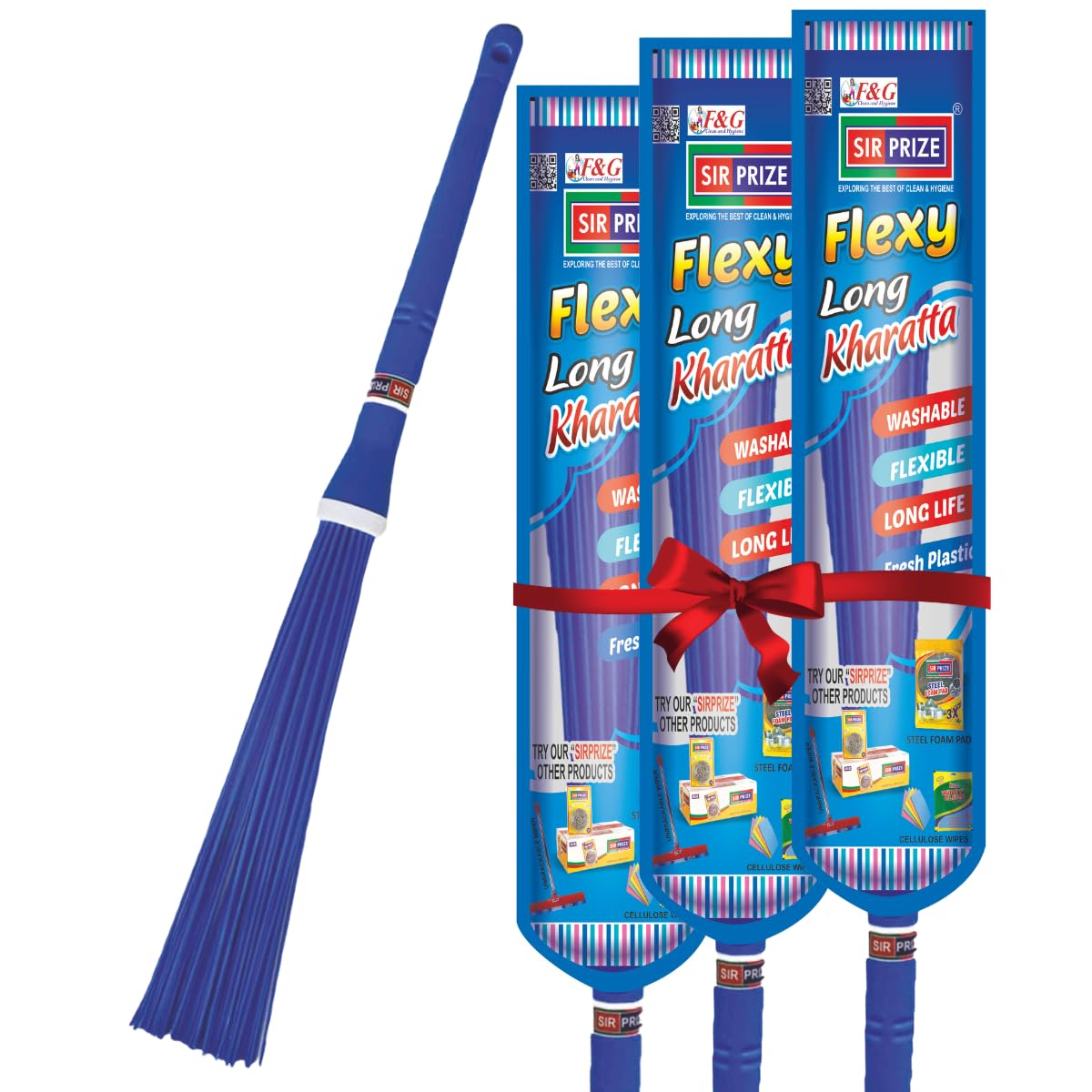 Sir Prize Heavy-duty plastic broom with 60 hard bristles, 83 cm long and 218 g in weight. Perfect for wet and dry cleaning of bathroom and home floors. Durable and long-lasting. | Multicolor,Pack Of 3-image-27