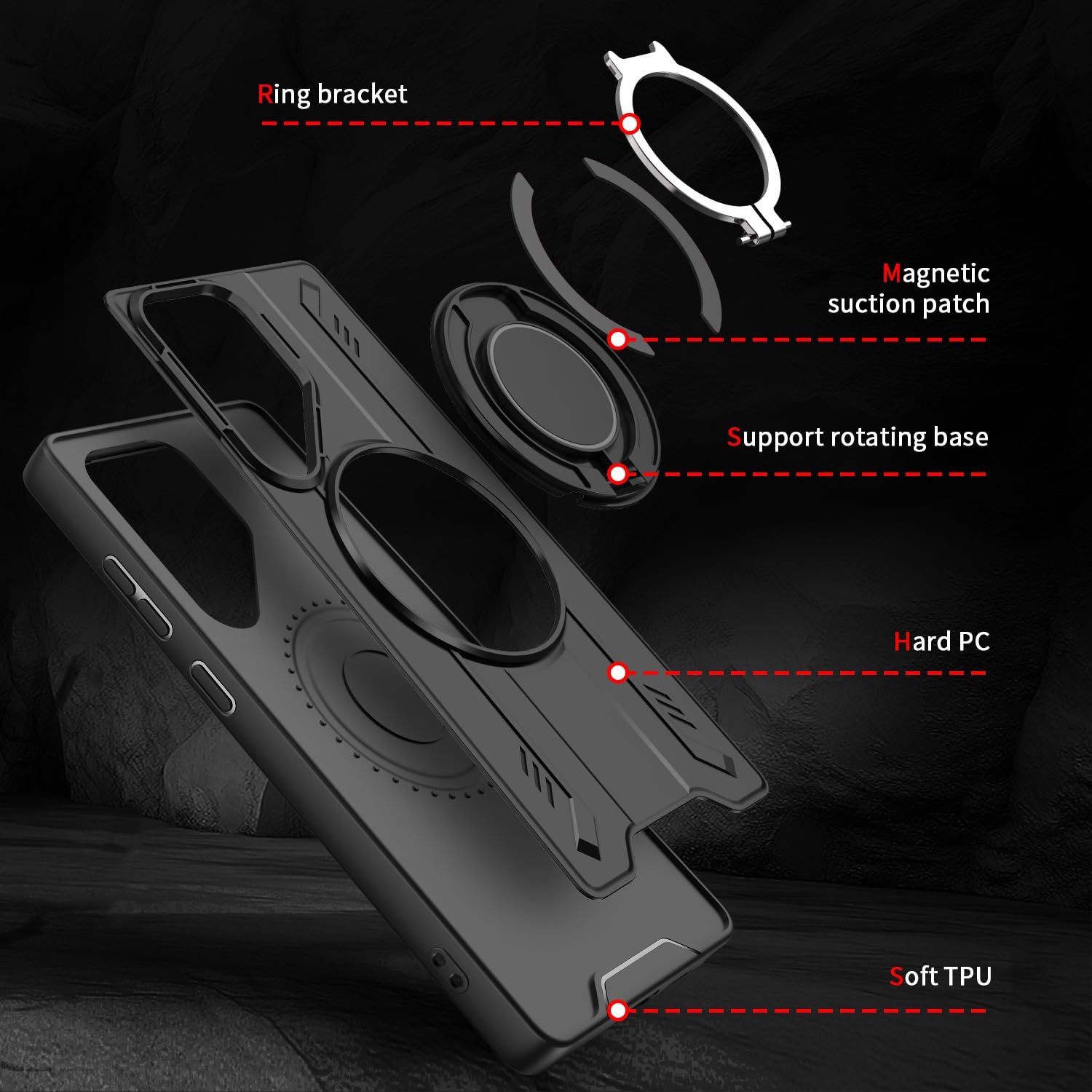 Compatibile con la custodia per cellulare con supporto rotante magnetico Samsung Galaxy S25/S25 Plus/S25 Ultra, copertura protettiva anticaduta a copertura totale.,S25,Black