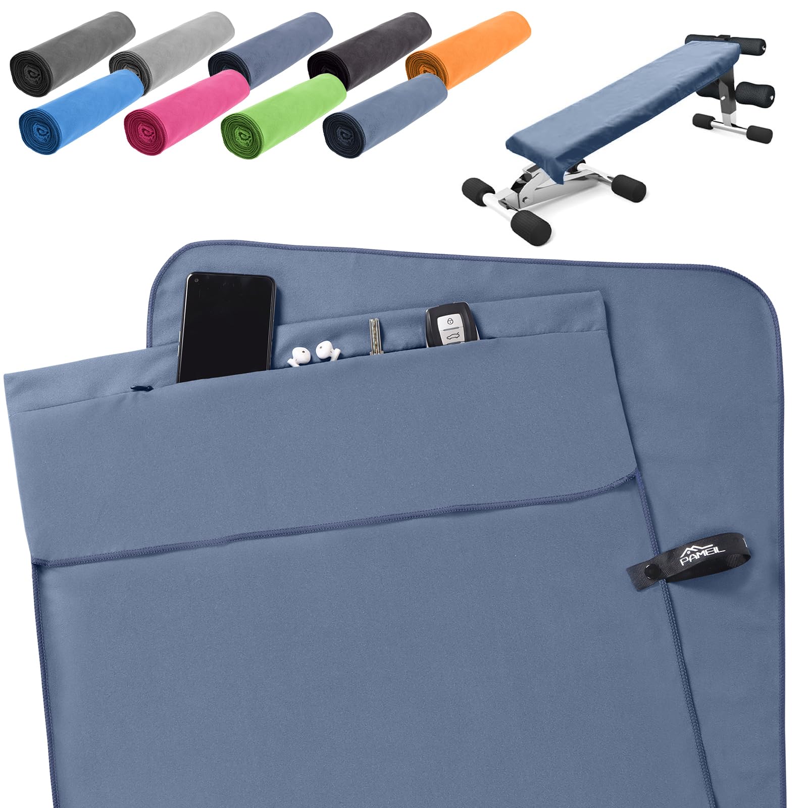 Pameil Asciugamano fitness |120 x 50 cm | Asciugamano da palestra in microfibra con tasca con chiusura lampo, compatto e ad asciugatura rapida – Asciugamano sportivo da palestra (blu navy)