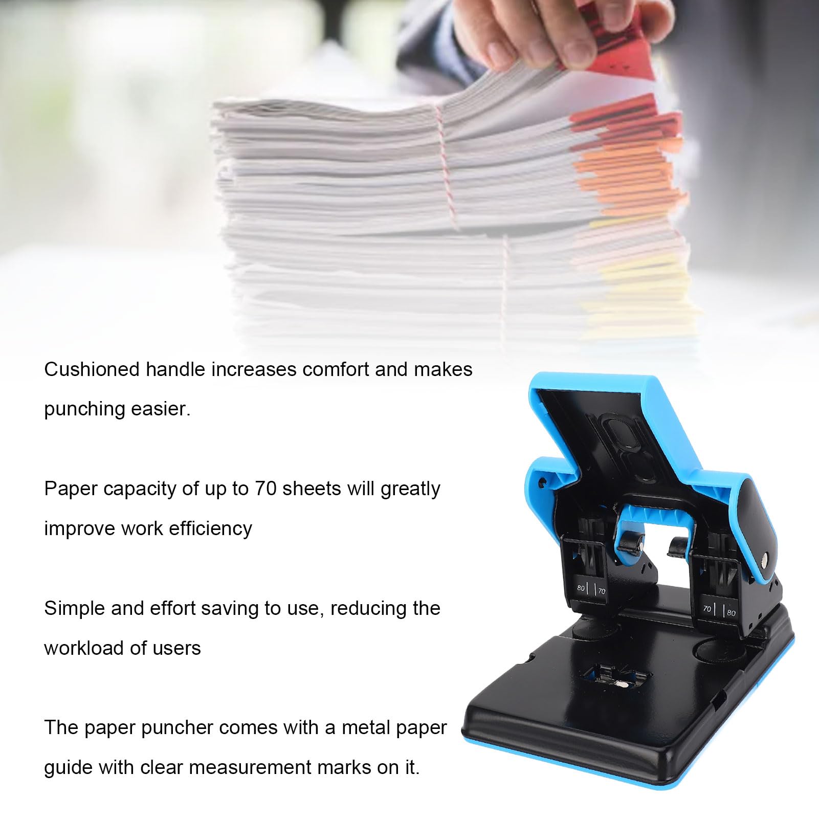 Perforatore professionale a 2 fori Perforatore doppio foro resistente per carta A4 con capacità di 70 fogli Spaziatura 70 mm 80 mm Maniglia ergonomica per uso ufficio Costr