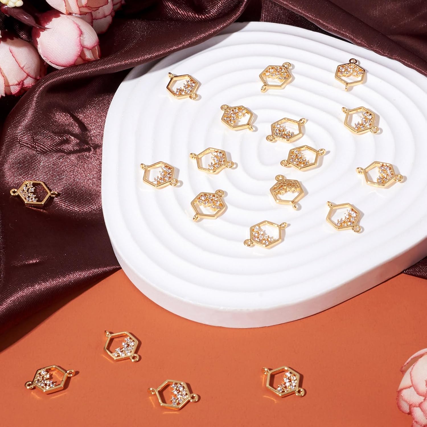 FASHEWELRY 30pcs Hollow Hexagon Cubic Zirconia Links 18K Gold Brass CZ Stone Crystal Pendants Connectors With Double Loops for Bracelet Necklace Earring Craft Jewelry - Image 6