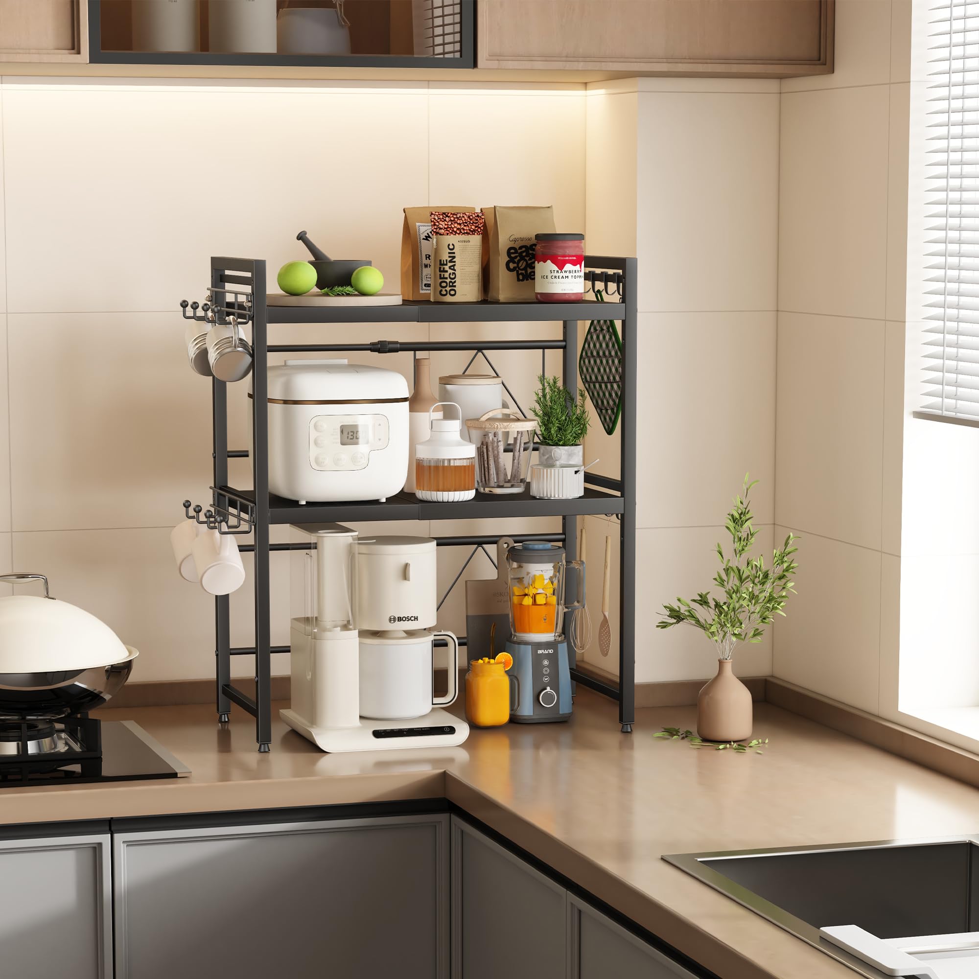 NETEL Verstellbares Mikrowellen Regal 3-stufig, Regal über mikrowelle, küchenregal stehend für arbeitsplatte,Bäckerregale, küchenregal mit 2 Getränkehalter,schwarz, Ausziehbar 40-64cm