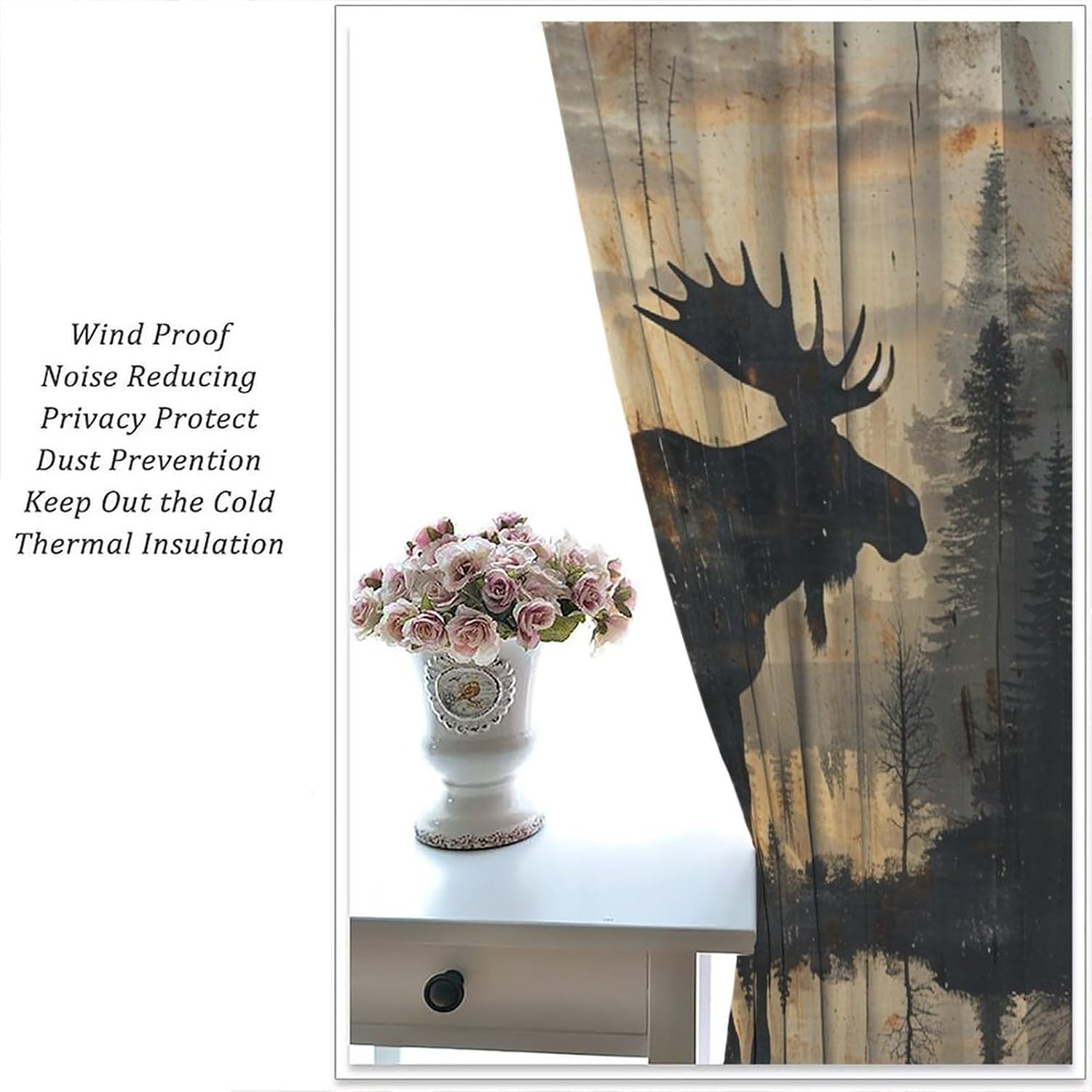 Rustic Forest Moose Blackout Curtains for Bedroom Living Room, Retro Wood Grain Deer Silhouette Curtains Rod Pocket Thermal Insulated Window Drapes, 2 Panels/Each 42" W x 84" L