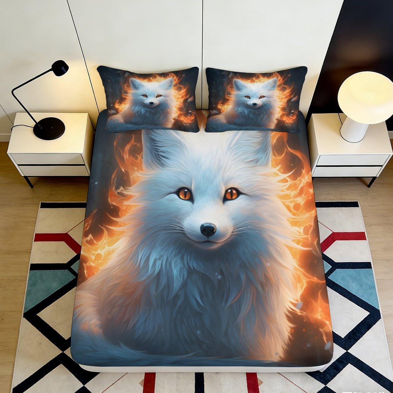 3D Printed White Fox Fitted Sheet Microfiber Soft Breathable Fire Aura Mattress Cover for Bedroom Dorm Decor 90x200x25cm