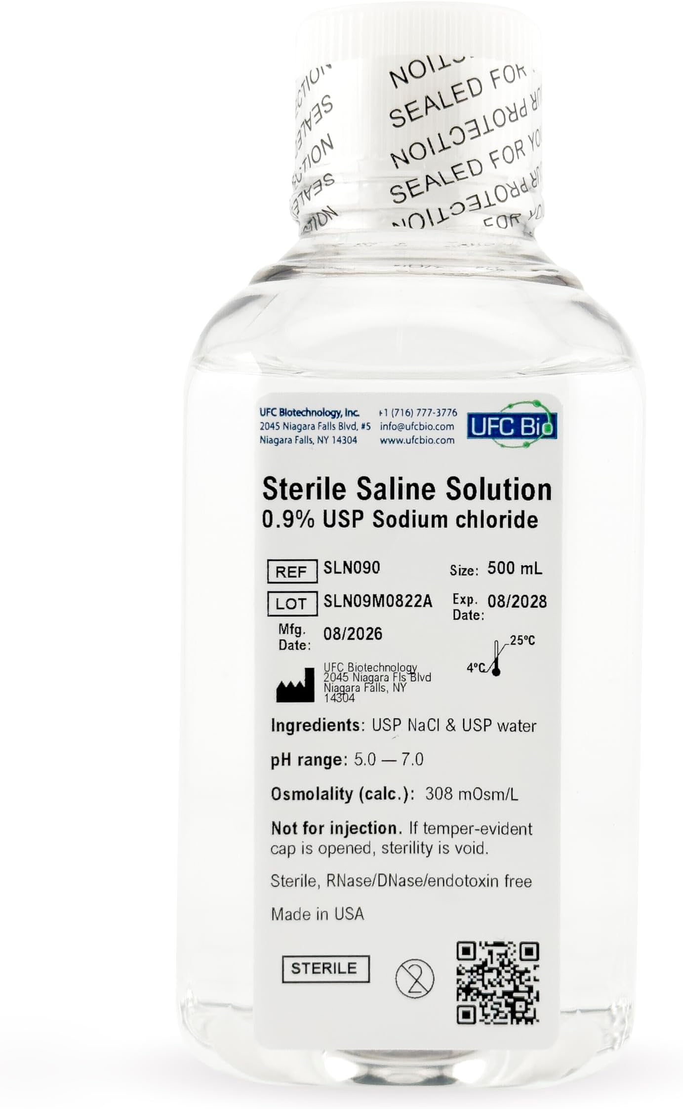 0.9% Normal Saline Solution - Sterile USP Sodium Chloride - Made in USA - 500 mL