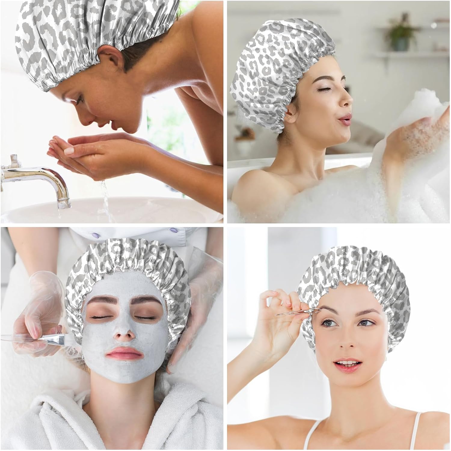 2 PCS Shower Cap Reusable Waterproof Double Layer Elastic Adjustable Hair Bath Caps Cute Aesthetic for Women Girls-Black White Leopard