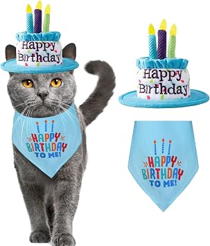Cat Happy Birthday Cake Hat & Bandana Scarfs Set with Colorful Candles for Small Animas, Cat Birthday Party Supplies Decorations Blue