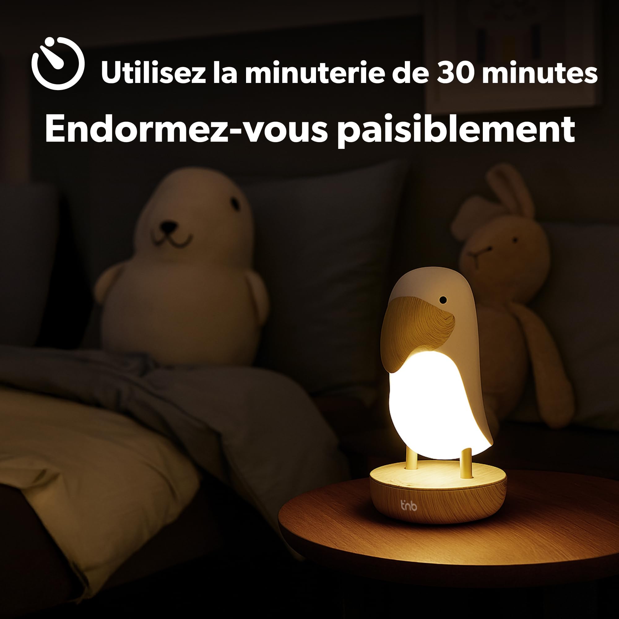 T'nB – Luz nocturna con sonidos relajantes, 6 ruidos naturales para la relajación, control remoto, temporizador 30 min, brillo ajustable, modo de respiración, carga USB – Tucán blanco