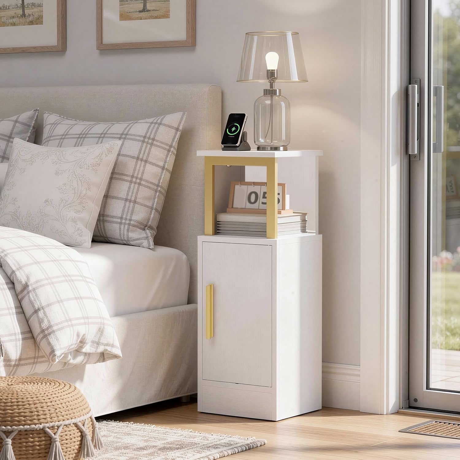 Narrow Nightstand, Slim Night Stand with Charging Station, Bedside Table with Cabinet, Skinny End Table for Small Spaces, Bed Side Cabinet for Bedroom, Living Room, White and Gold ET27UDW