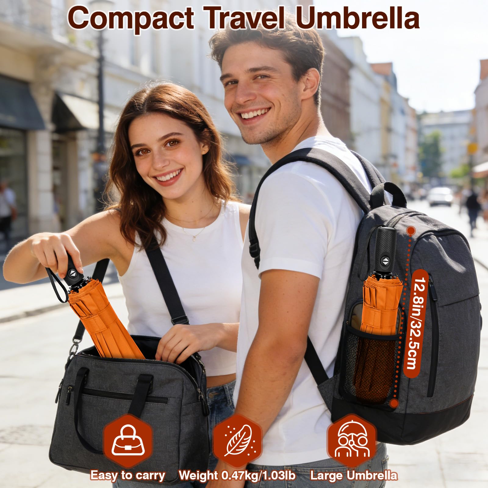 ZOMAKE Small Travel Umbrella Compact Portable Collapsible Umbrellas for Rain, Windproof, Automatic Lightweight Paraguas for Women, Men(Orange)