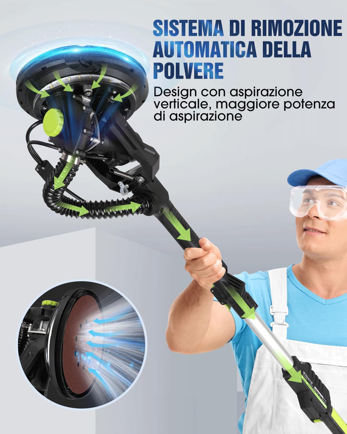 MYTOL Levigatrice per Muro con Aspiratore, 900W Elettrico Giraffa Levigatrice per cartongesso Manico Allungabile Pieghevole, 6 Velocità Variabili Massimo 1800U/min, Luce LED, 12 Carte Abrasive