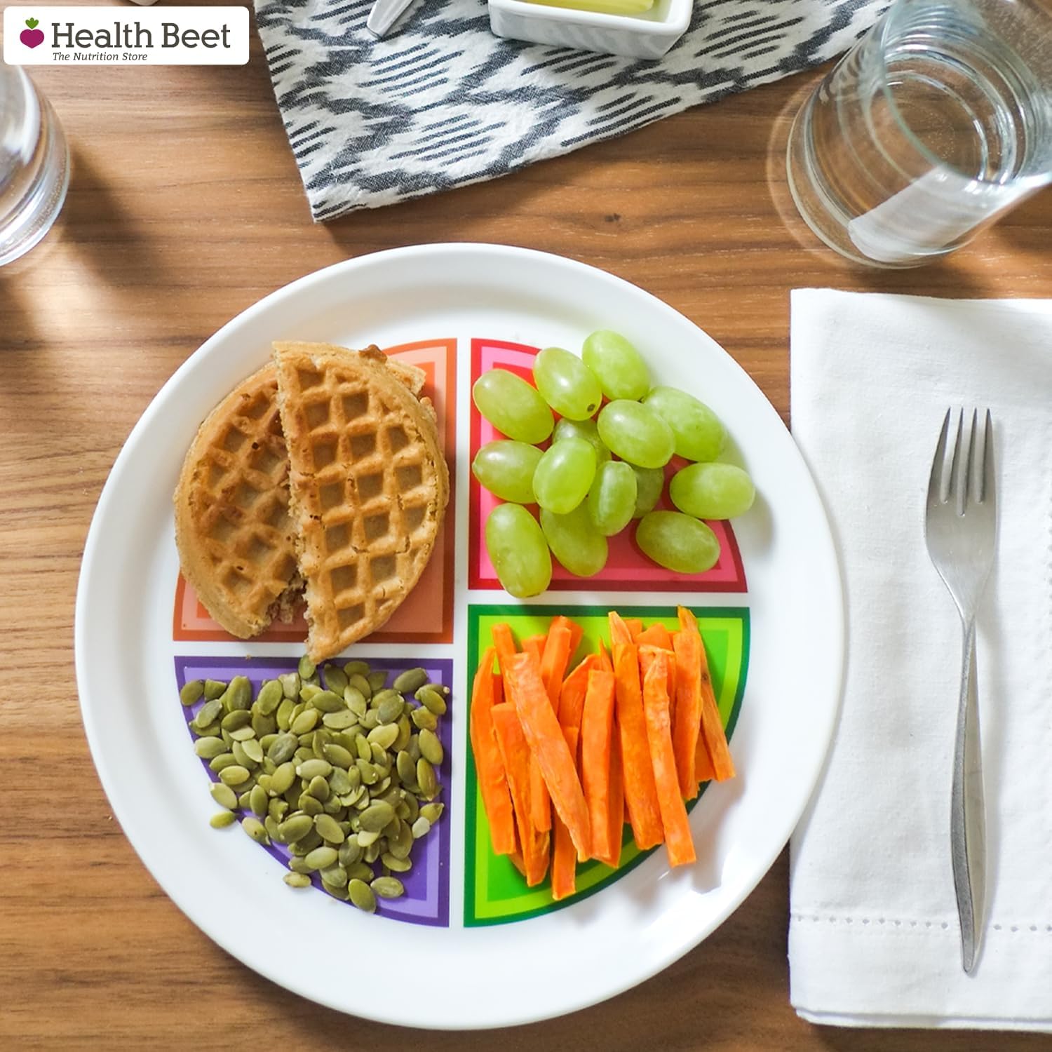 Health Beet Choose MyPlate Portion Control Plate – 4 Flat Sections for Fruits Grain Vegetable Protein - Dishwasher & Microwave Safe Visually Sectioned Plates for Health Education - (48-Pack)