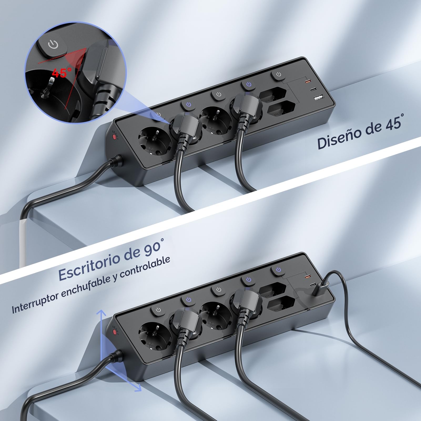 Regleta Escritorio con USB C (PD 30W), Interruptores Individuales Toma de Corriente de Escritorio, Regletas Enchufes Proteccion Sobretension, Cable de 2 Metros para Oficina en Casa,Cable 2M,Negro