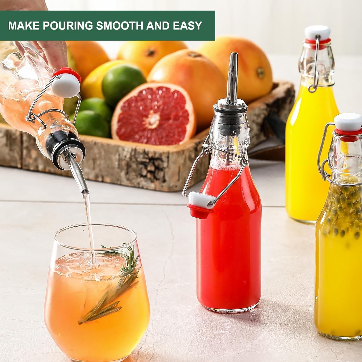 8-Pack 8.5oz Flip Top Glass Bottles, Swing Top Beer Brewing Bottle for Fermentation, Kombucha, Kefir, Vanilla Extract, Coquito, Juice, Soda, Tea - Airtight Stopper Cap Lid, Bonus 2 Bottle Pourers - Image 4