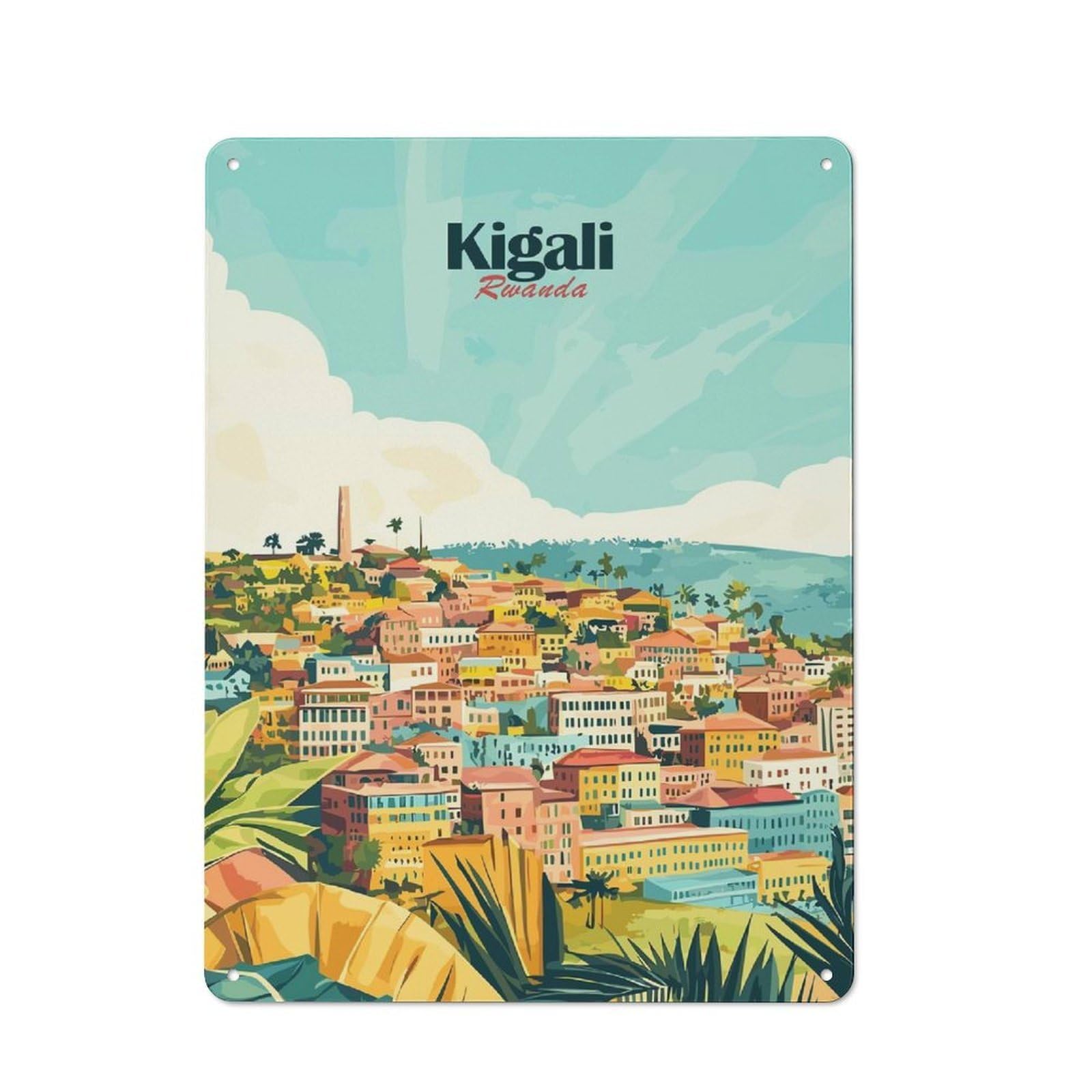 Junmoney Style-11 Metal Wall Sign 40X30cm Featuring Kigali Rwanda Cityscape Illustration For Living Room Wall, For Feature Wall Decorators