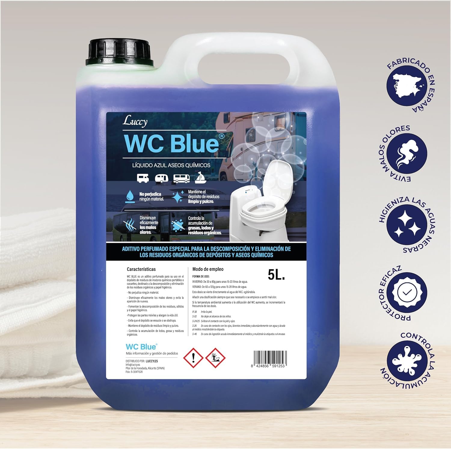 WC Blue 5 L. aditivo para aguas negras, depósito de residuos, Sanitary Fluid para caravanas
