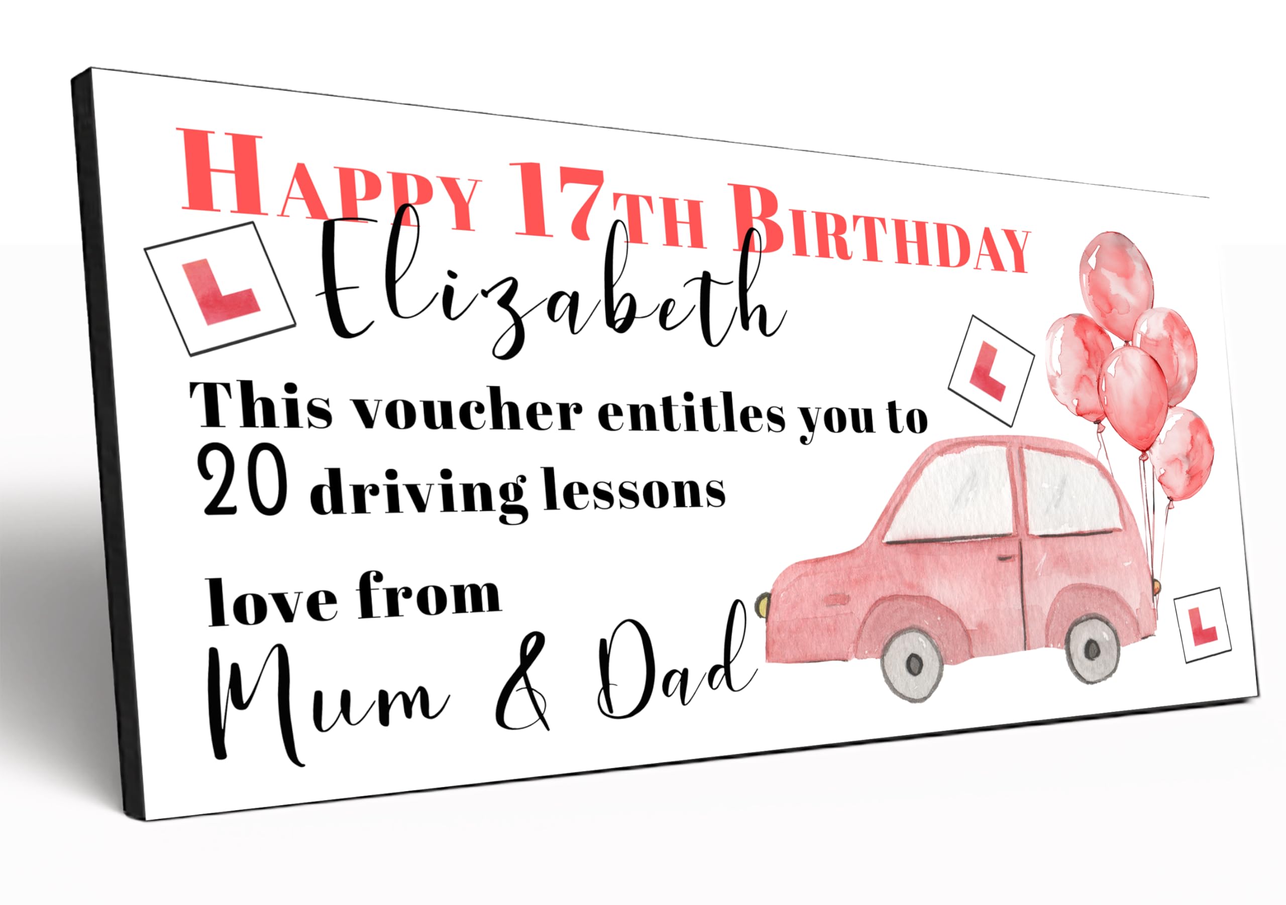 The Plum Penguin Personalised Gift Voucher (20x10cm) 6mm MDF Crafted Memorable Keepsake for All Occasions Customised Gift Certificate (Red Driving Lessons)