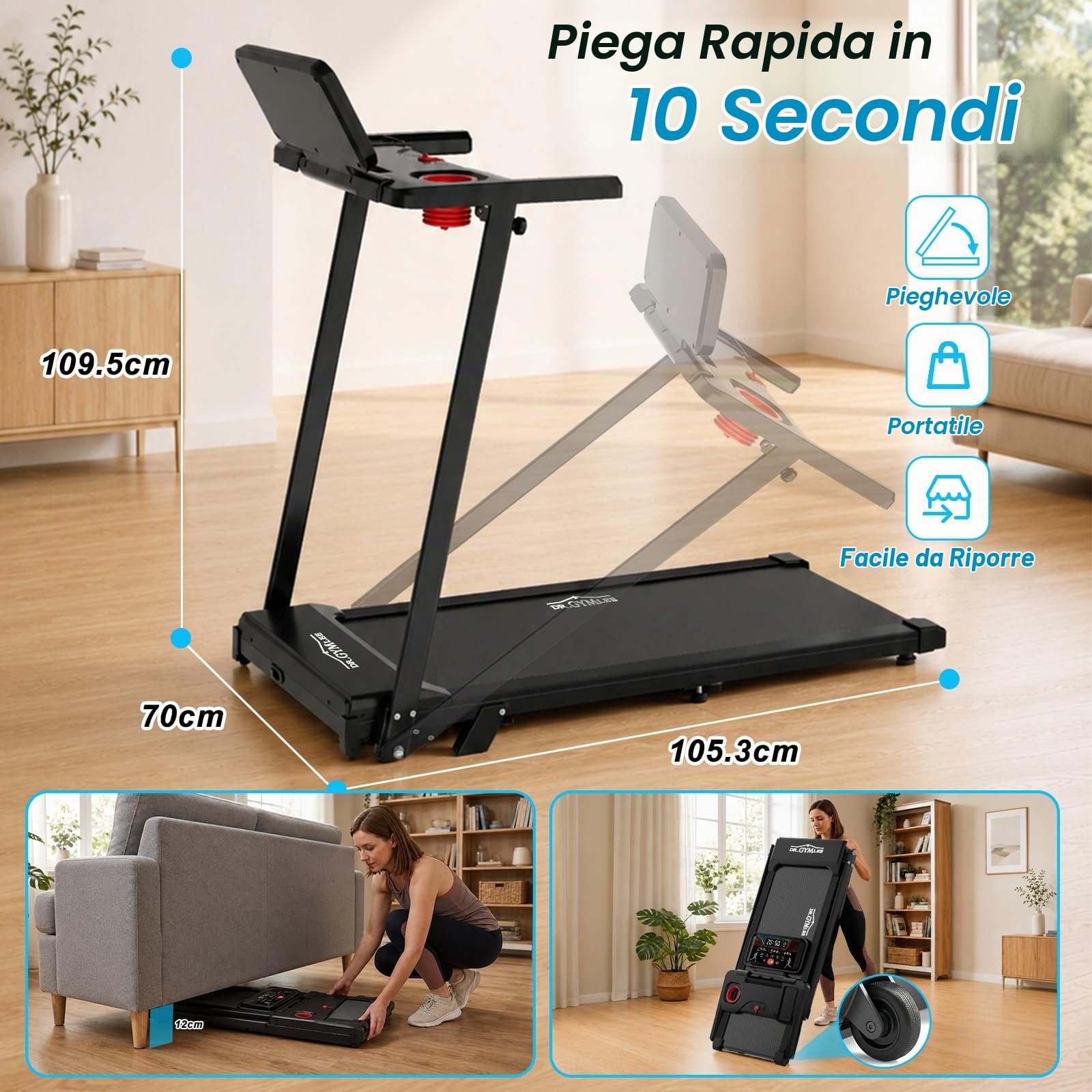 Tapis Roulant 1–12 km/h con design pieghevole, inclinazione 0–10%, 6 in 1 Walking Pad per casa e ufficio, motore silenzioso 2,5 CV, superficie di corsa 105 × 42 cm, capacità 136 kg