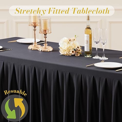Miniatura 8 de Paquete de 6 manteles rectangulares negros de 6 pies de elastano elástico ajustable para mesas rectangulares de 6 pies, manteles de banquete, sin