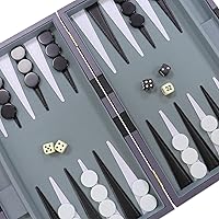 Vista 6 de Juego de backgammon – Juego de mesa clásico con funda de cuero de primera calidad – Juego portátil de estrategia de viaje para adultos y niños – Gris