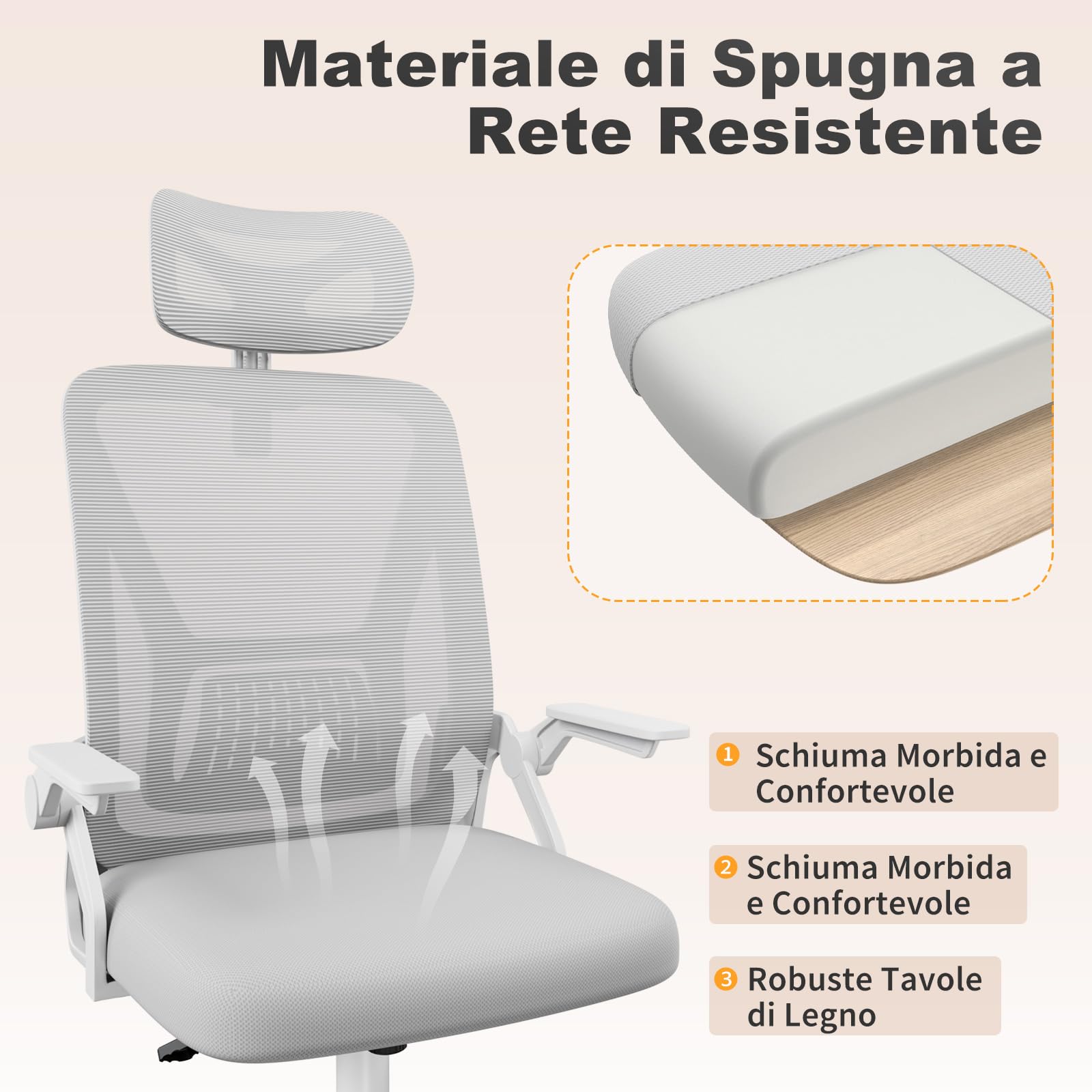 naspaluro Sedia da Ufficio,Con Braccioli Ribaltabili a 90°,Rivestimento in Rete Traspirante, Sedia Girevole a 360° Con Funzione Swing (Con poggiatesta, Gray)
