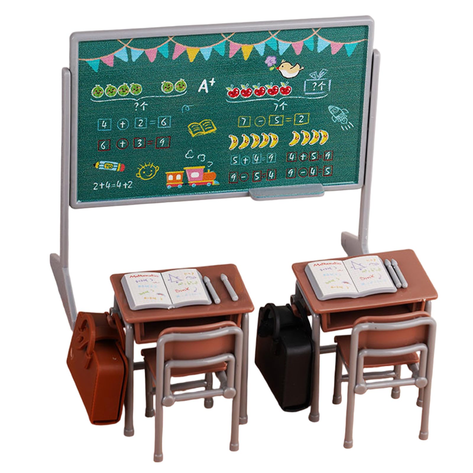 TOYANDONA 13pcs Miniature School Supplies - Doll School Supplies, 1:12 Scale Dollhouse Accessories, Include Desk Chair Set, Doll Schoolbag, Blackboard, Book for Miniature Classroom Furniture(brown)