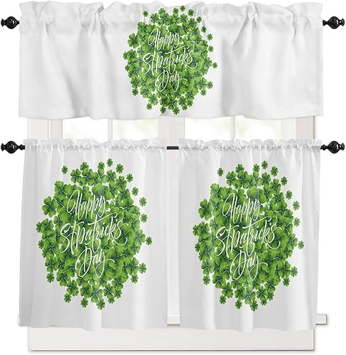 Juego de cortinas de cocina, juego de cortinas y cenefas de cocina para el día de San Patricio, tréboles verdes, cortinas con bolsillo para barra,