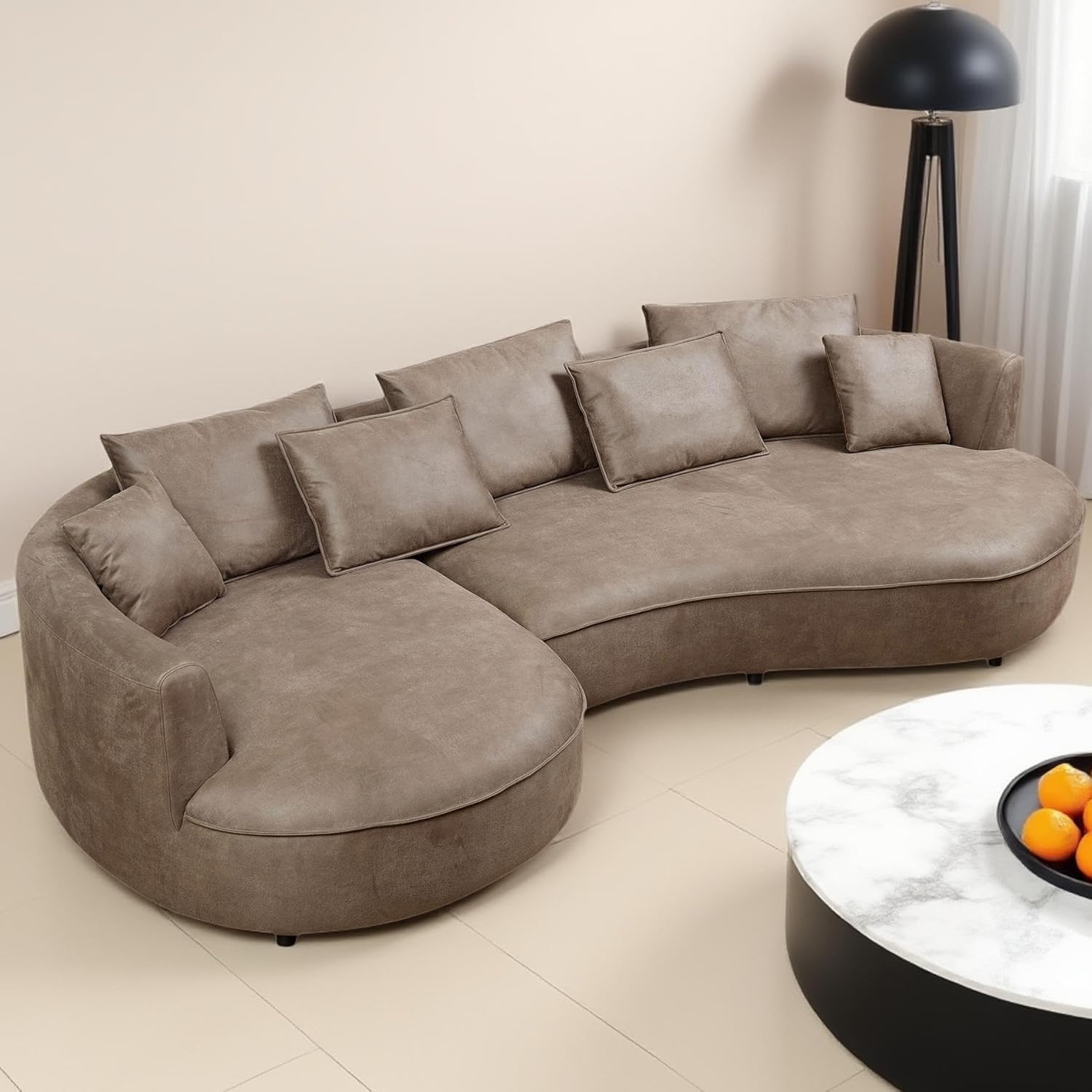 Modern Curved Sofa for Living Room, 128'' L-Shaped Sectional, Minimalist Style Coner Sofa, Taupe Bonded Leather Upholstery Furniture,Round Couch with semicircualr Chaise | curve design