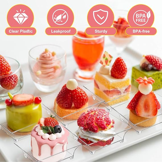 100 Pack Mini Dessert Plates with Spoons, 1 oz Clear Plastic Reusable Plates for Desserts, Sauces, Fruit, Appetizers, Cake Tastings (2.4'')